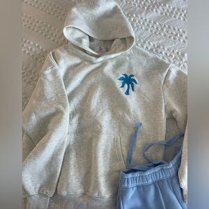 Pink Palm Puff Light Gray Hoodie with Blue Palm Accent